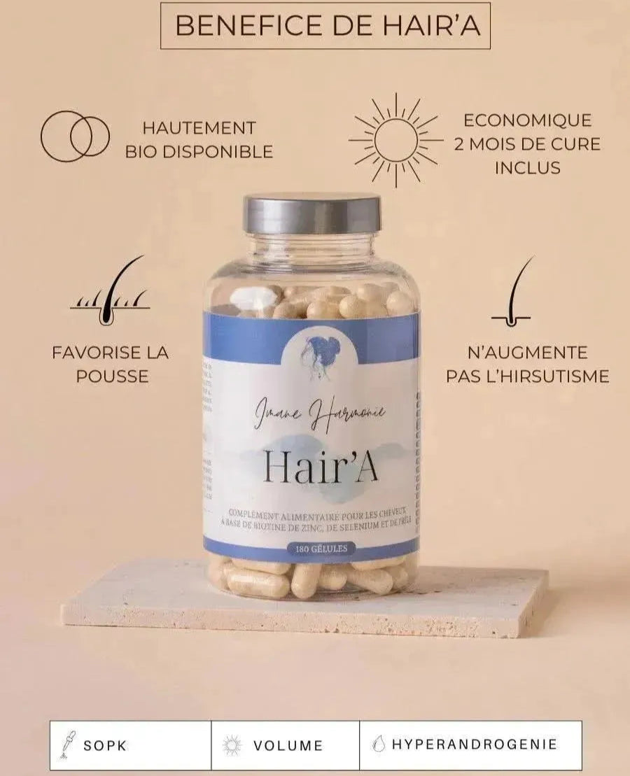 Bénéfices du complément alimentaire Hair'a pour la pousse de cheveux de la marque Imane Harmonie