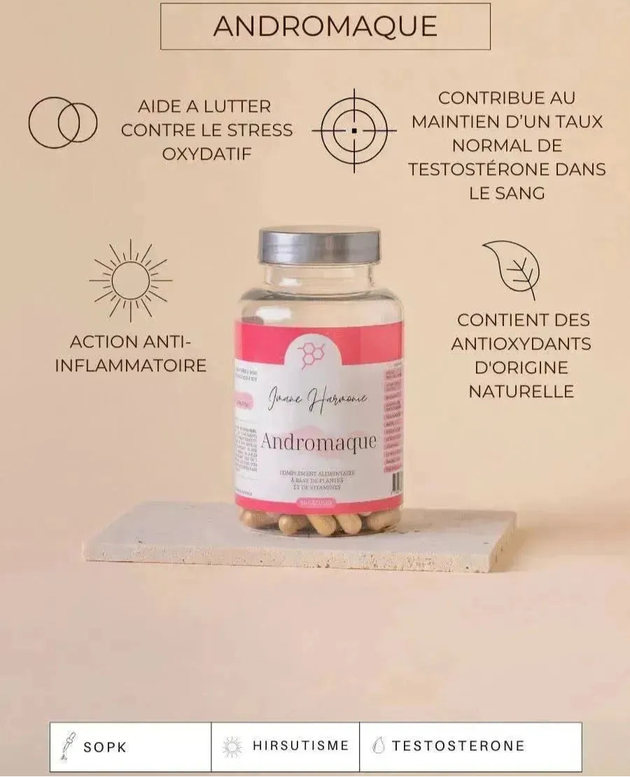Bénéfices du complément alimentaire Andromaque qui lutte contre l'hirsutisme de la marque Imane Harmonie