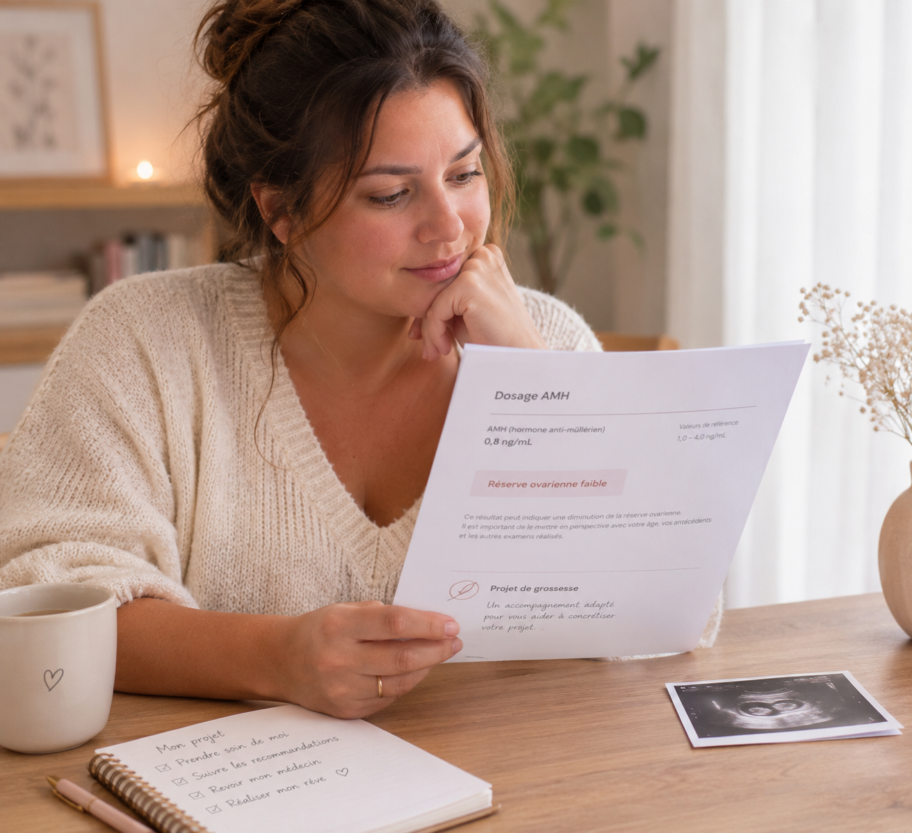 Femme consultant ses résultats de dosage d'AMH avec sérénité, réserve ovarienne faible et projet de grossesse