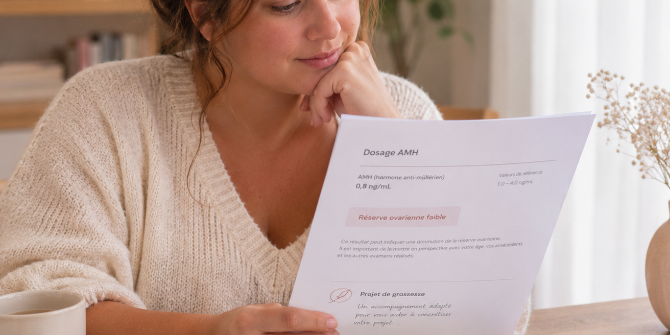 Femme consultant ses résultats de dosage d'AMH avec sérénité, réserve ovarienne faible et projet de grossesse