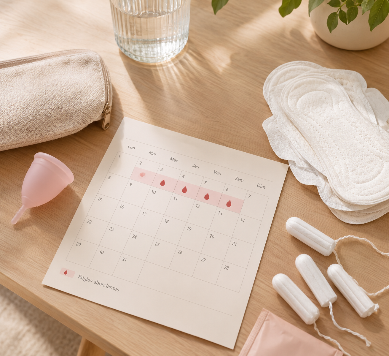 Calendrier menstruel et protections hygiéniques posés sur une table, pour illustrer le suivi de règles abondantes 