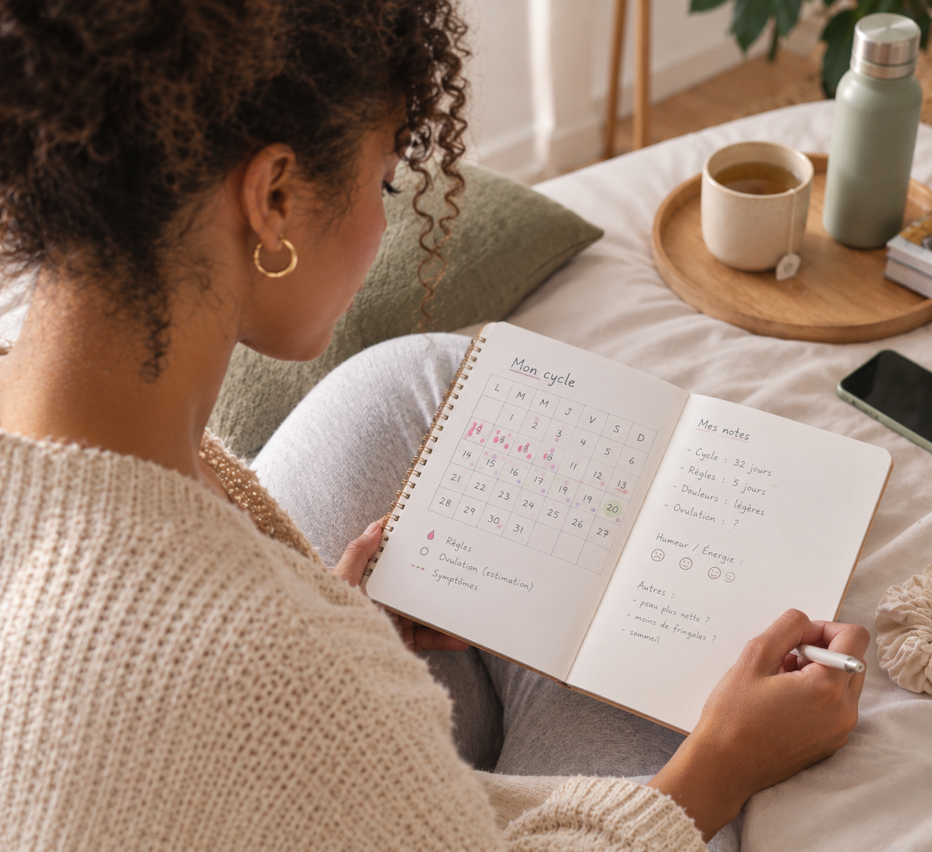 Femme notant ses cycles dans un carnet après l'arrêt de la pilule contraceptive