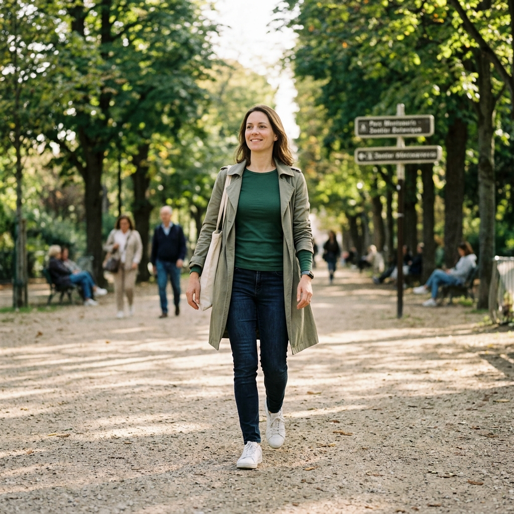 Femme marchant dans un parc après le déjeuner, illustrant les gestes simples pour réguler sa glycémie naturellement