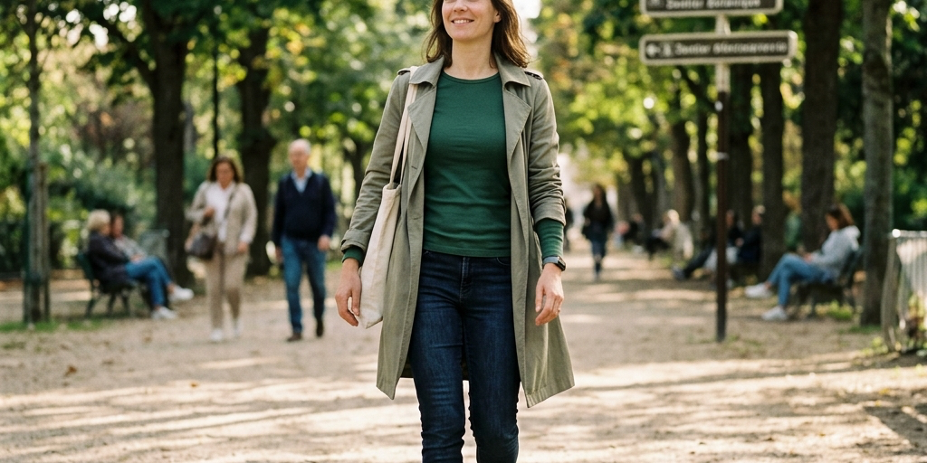 Femme marchant dans un parc après le déjeuner, illustrant les gestes simples pour réguler sa glycémie naturellement