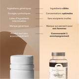 nous: ingrédients ciblés, concentrations optimales, sans excipients inutiles, marque qui pense aussi aux hommes, communauté et accompagnement 