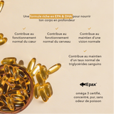 contribue au fonctionnement normal du coeur, contribue au fonctionnement normal du cerveau, contribue au maintien d'une vision normal, contribue au maintien d'un taux normal de triglycérides sanguins