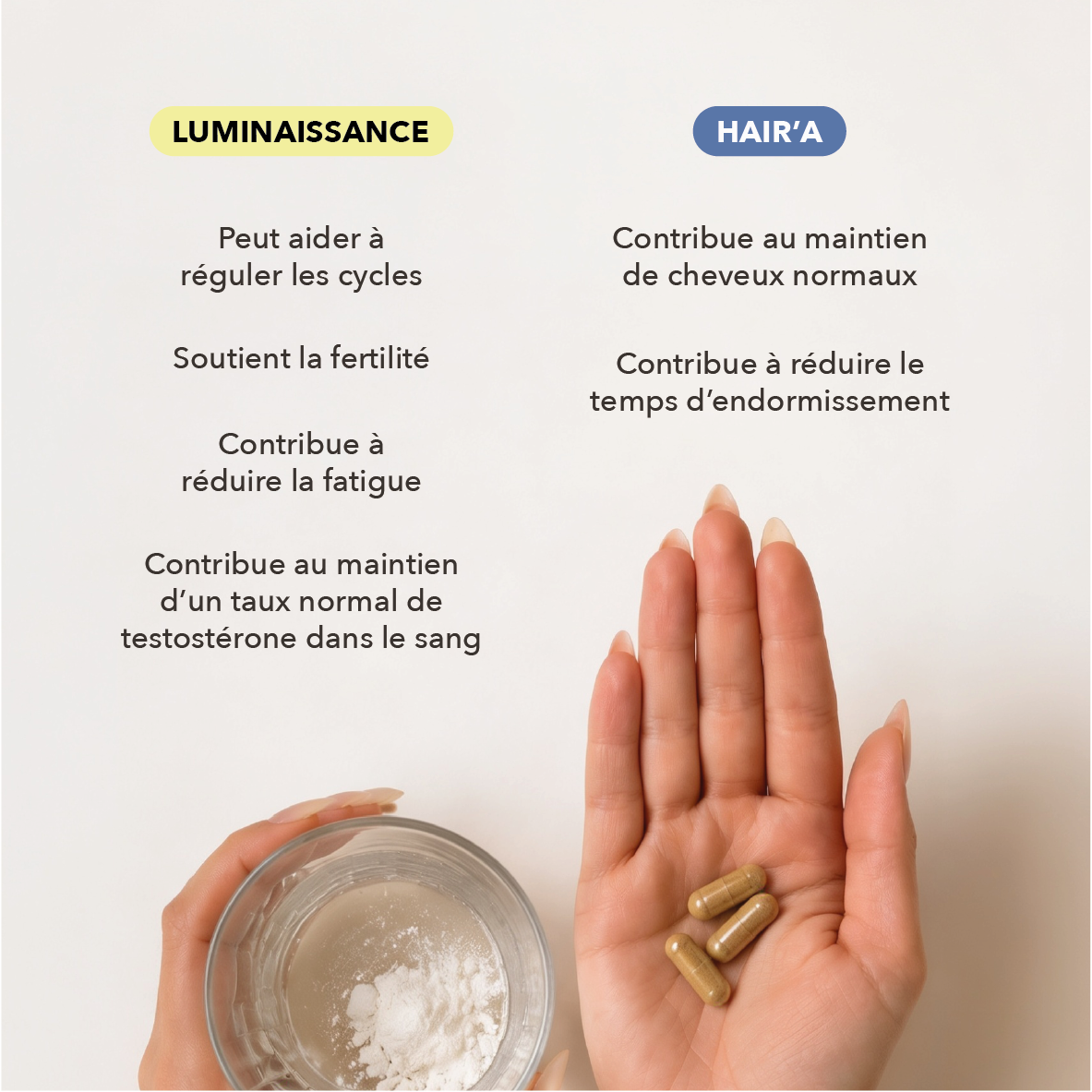 peut aider à réguler les cycles, soutient fertilité, contribue au maintien de cheveux normaux, contribue à réduire le temps d'endormissement 