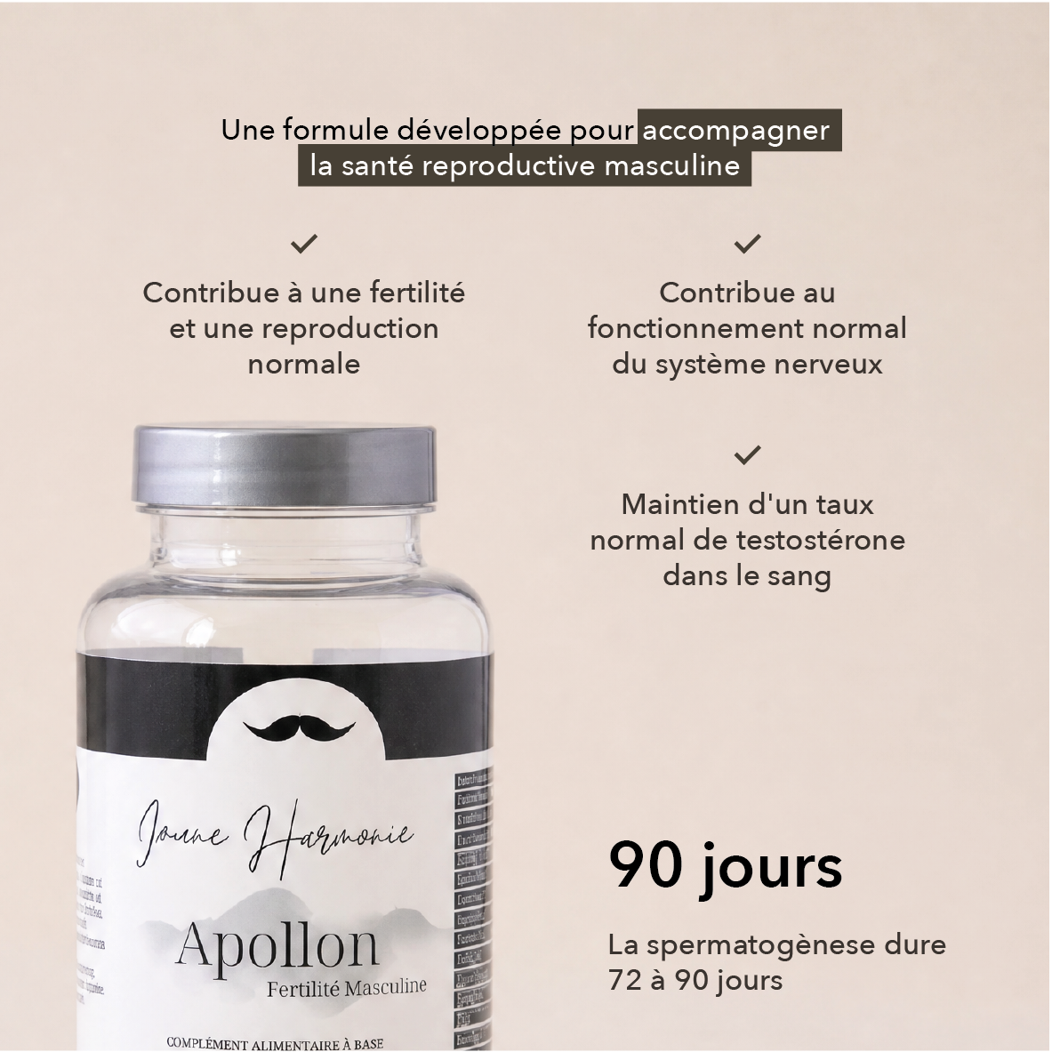 contribue à une fertilité et a une reproduction normale, au fonctionnement normal du système nerveux, maintien d'un taux de normal de testostérone dans le sang
