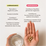 peut aider a réguler les cycles, soutient la fertilité, contribue à réduire la fatigue , contribue au maintient d'un taux normal de testostérone dans le sang. 