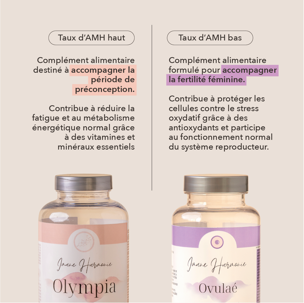 Olympia: pour taux d'AMH haut , accompagne la période de préconception. Ovulaé : Taux d'AMH bas, accompagne la fertilité féminine