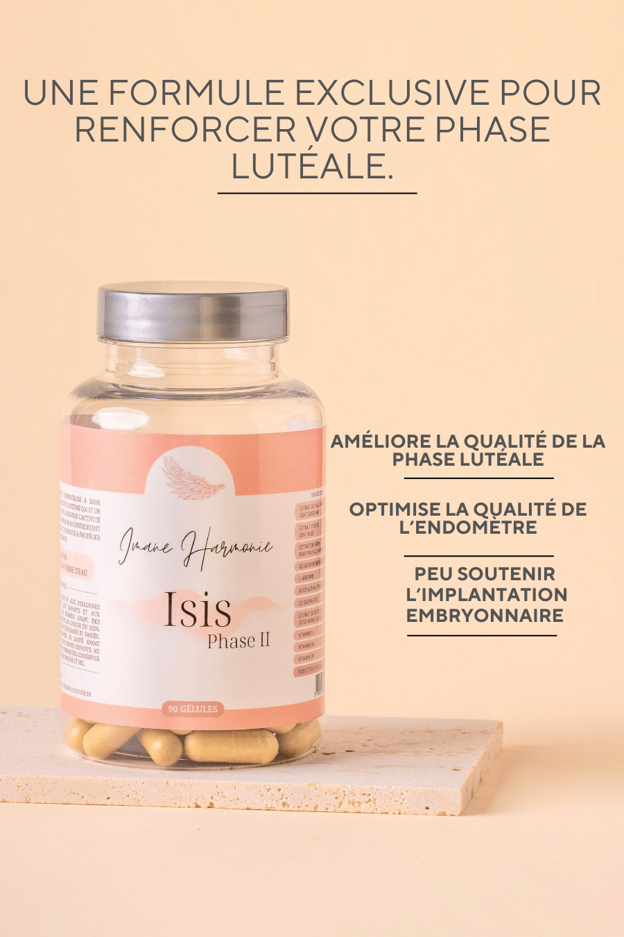 Complément phase lutéale avec gattilier, yam, ortie, reishi, arginine, CoQ10, acide alpha-lipoïque, vitamines B6/B9 actives et vitamine E pour soutenir la progestérone, la qualité de l’endomètre et l’implantation.