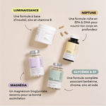 Ingrédients du pack résistance à l'insuline : myo-inositol, berbérine, chrome, zinc, cannelle, oméga-3 Epax, magnésium bisglycinate