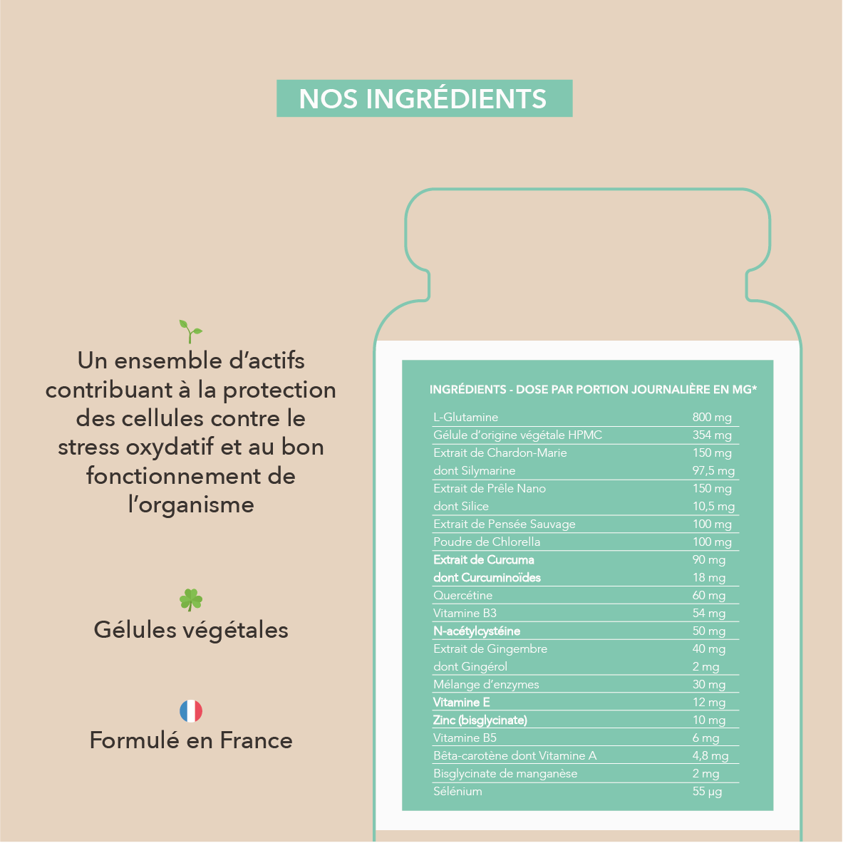 extrait de curcuma, vitamine E , Zinc bisglycinate...