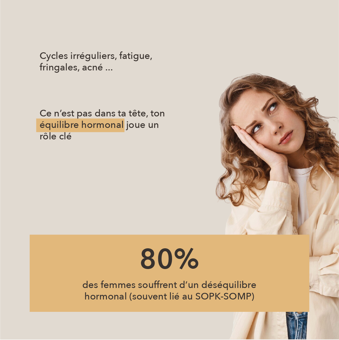 symptômes : cycles irréguliers, fatigue, fringales, acné