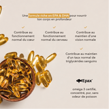 contribue au fonctionnement normal du coeur, contribue au fonctionnement normal du cerveau, contribue au maintien d'une vision normal, contribue au maintien d'un taux normal de triglycérides sanguins