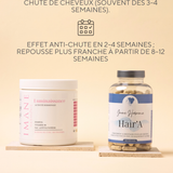 Complément anti-chute cheveux pour SOPK associant lysine, arginine, prêle, saw palmetto, cystine, méthionine, fer, zinc, biotine, sélénium et mélatonine pour freiner la chute, stimuler la repousse et renforcer la fibre capillaire.