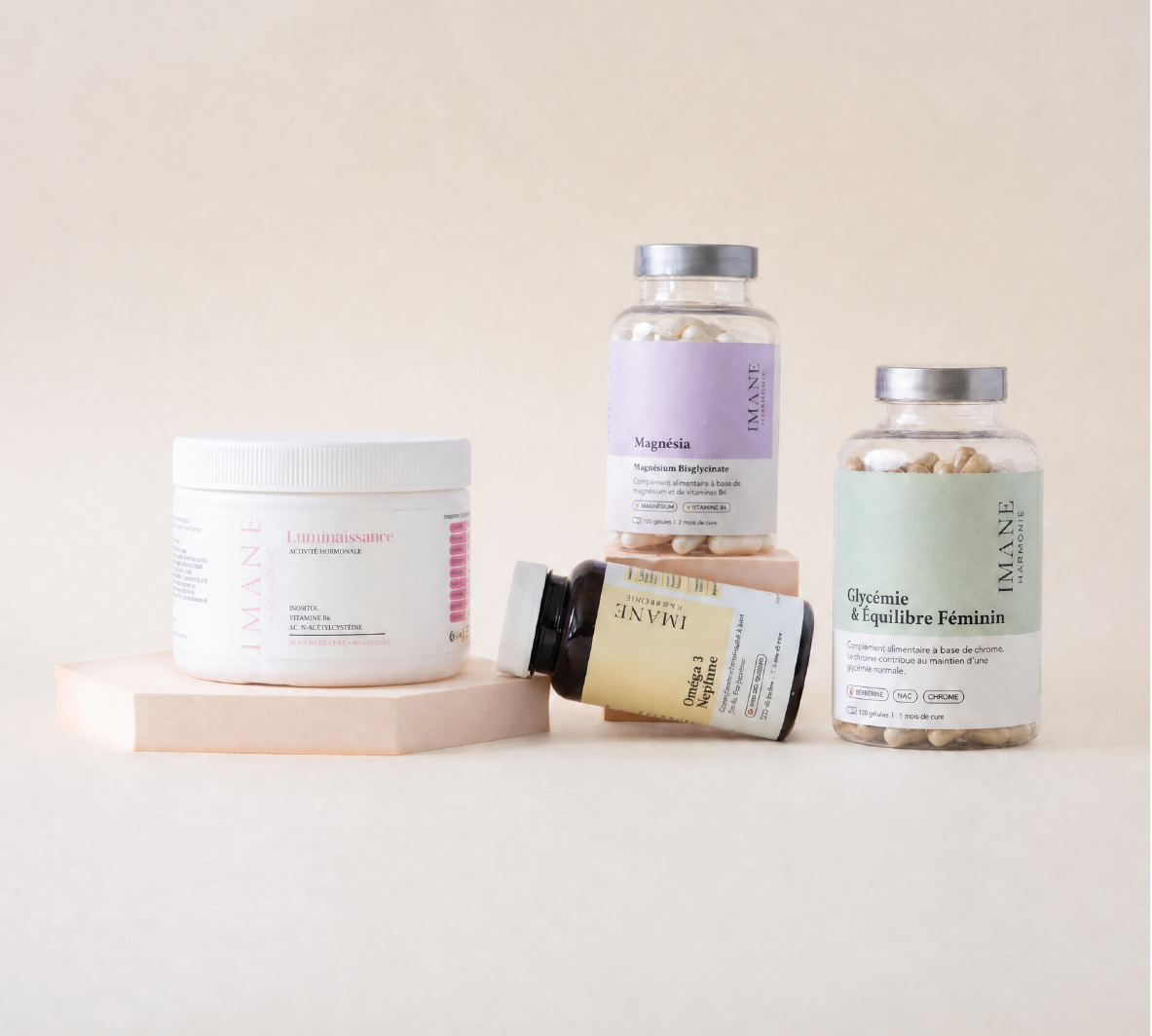 Pack Résistance à l'insuline Imane Harmonie : Luminaissance, Glycémie et Équilibre Féminin, Neptune oméga-3 et Magnésia