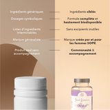 Nous : ingrédients ciblés, formule complète et hautement biodisponible, sans excipients inutiles, marque créée par et pour les femmes SOPK, communauté et accompagnement