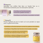 contribue au fontionnement normal du syteme nerveux, à une fonction musculaire normale, au fonctionnement normal du systeme immunitaire, fonction hormonales normales, vitamine D dans le sang
