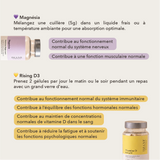 contribue au fontionnement normal du syteme nerveux, à une fonction musculaire normale, au fonctionnement normal du systeme immunitaire, fonction hormonales normales, vitamine D dans le sang
