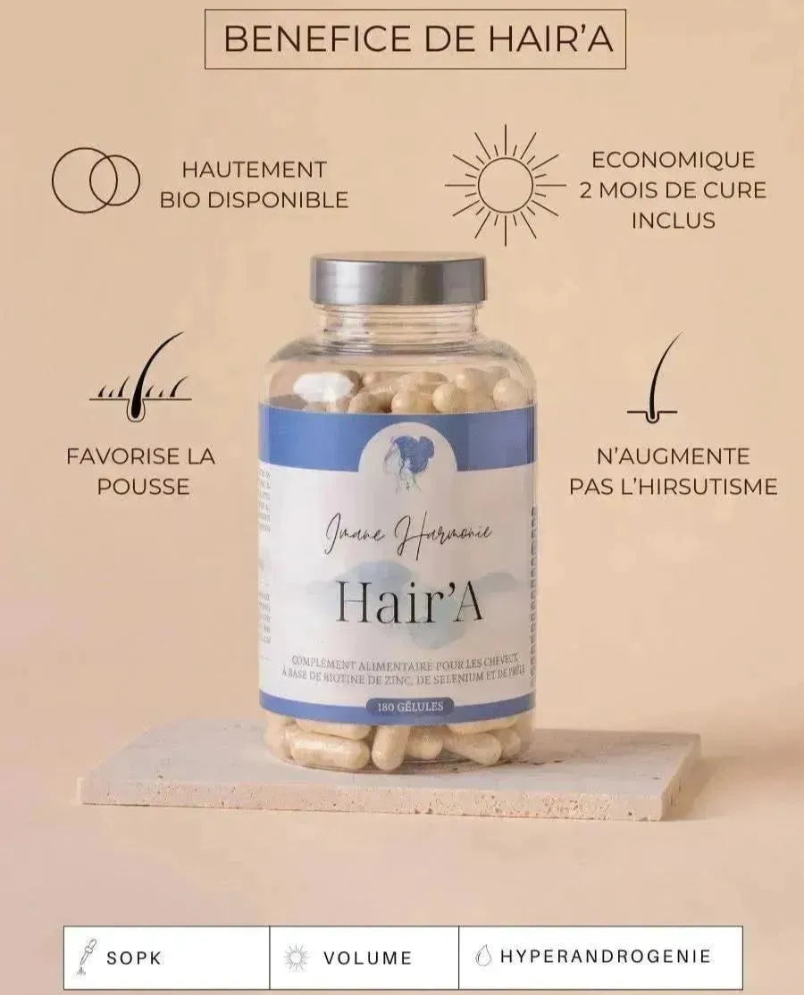 Bénéfices du complément alimentaire Hair'A pour la perte de Cheveux de la marque Imane Harmonie
