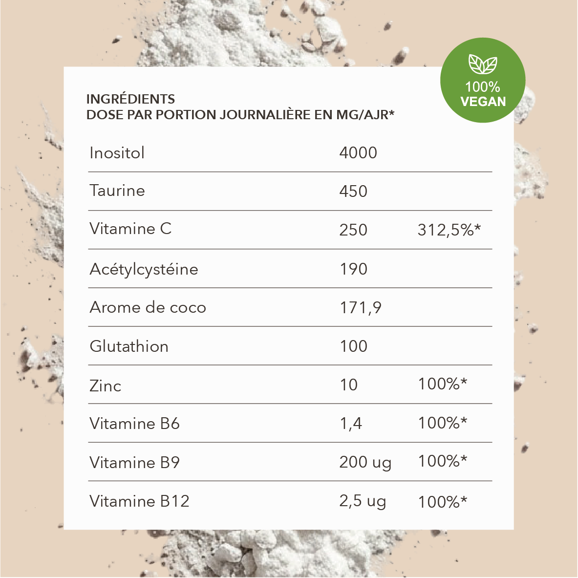 Inositol, taurine, vitamine c, actylcystéine, arome de coco, glutathion , zinc, vitamines B6, b9, B12