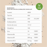 Inositol, taurine, vitamine c, actylcystéine, arome de coco, glutathion , zinc, vitamines B6, b9, B12