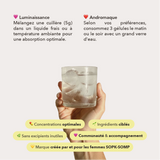 mélanger une cuillère de 5g de luminaissance dans un liquide frais et prendre 3 gélules d'andromaque le matin ou le soir