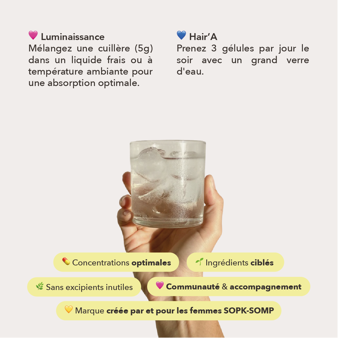 melanger une cuillere de luminaissance dans un liquide frais et prendre 3 gélules par jour le soir 