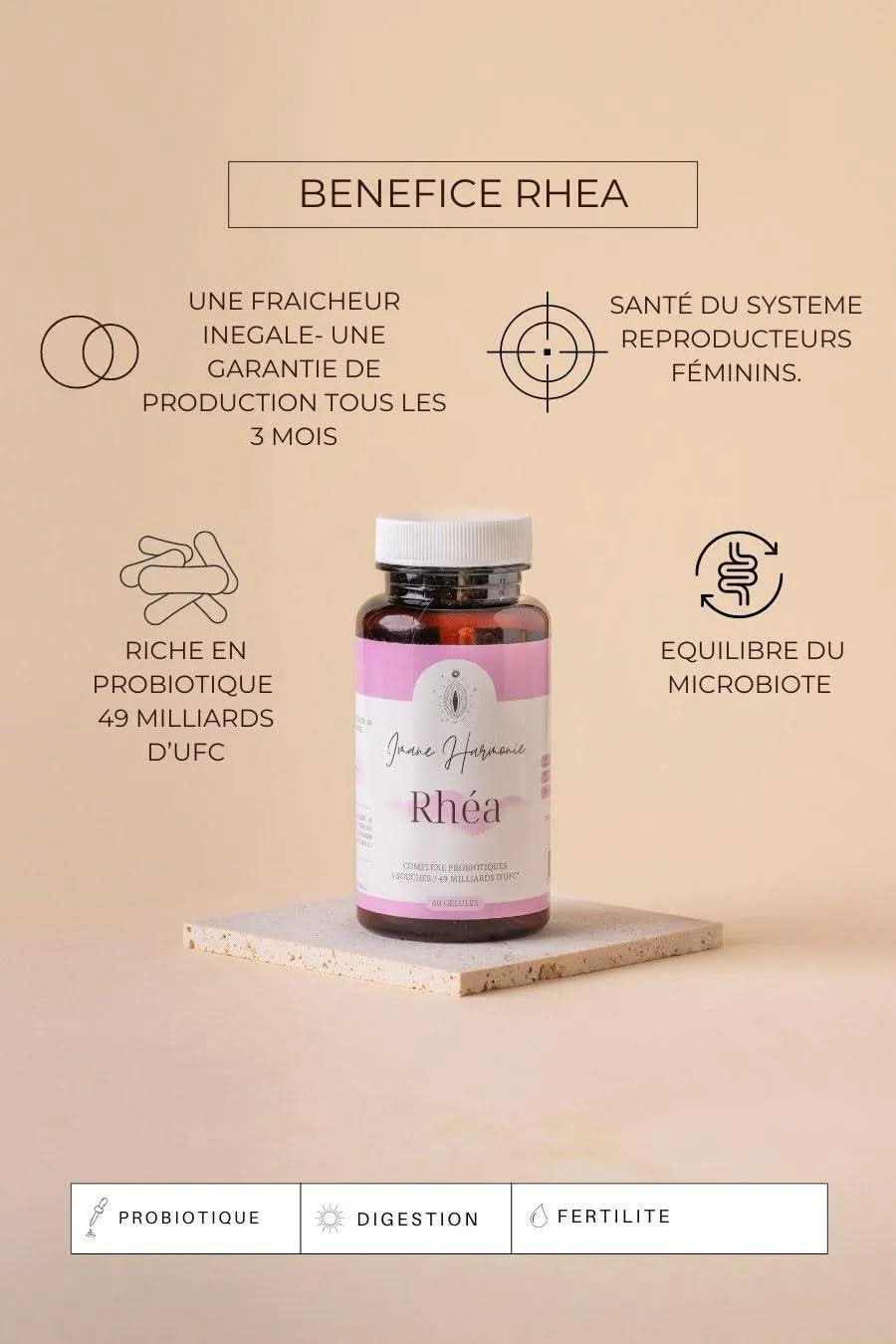 Bénéfices du complément alimentaire Rhéa pour l'équilibre du Microbiote de la marque Imane Harmonie