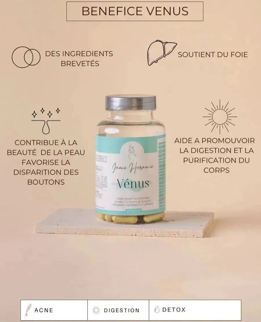 Bénéfices du complément alimentaire vénus pour l'acné de la marque Imane Harmonie
